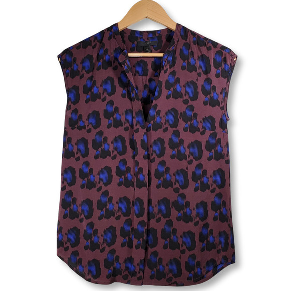 J. Crew Sleeveless V-Neck Leopard Print Blouse Burgundy Blue Size 00 - Picture 1 of 10